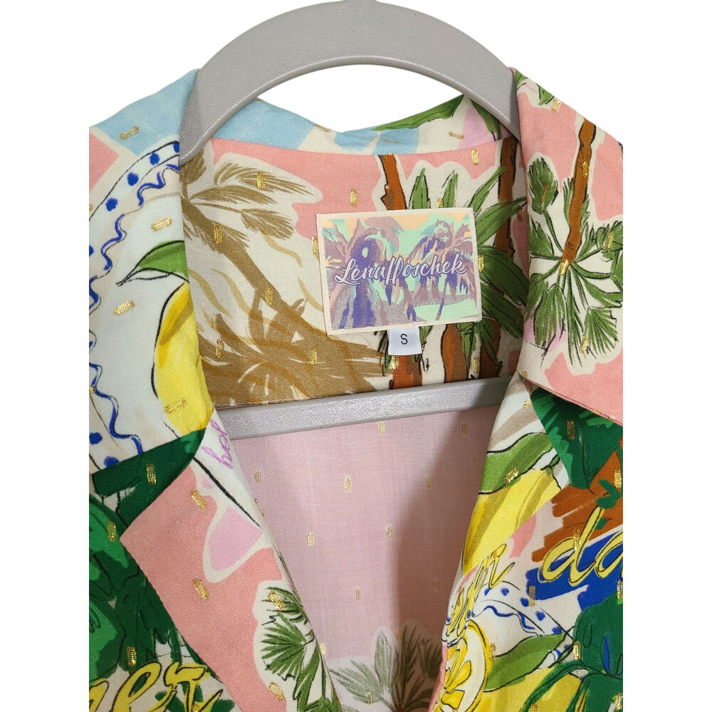 Lena Hoschek "Beach Trip" Hawaii Blouse - Lurex Shimmer Postcard Print Size S - Picture 2 of 7